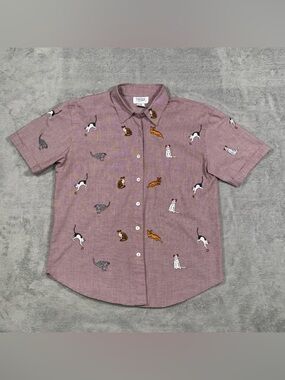 VTG Teddi Cat Print Button Shirt Womens S Embroidered Retro 80s 90s Whimsy Boho